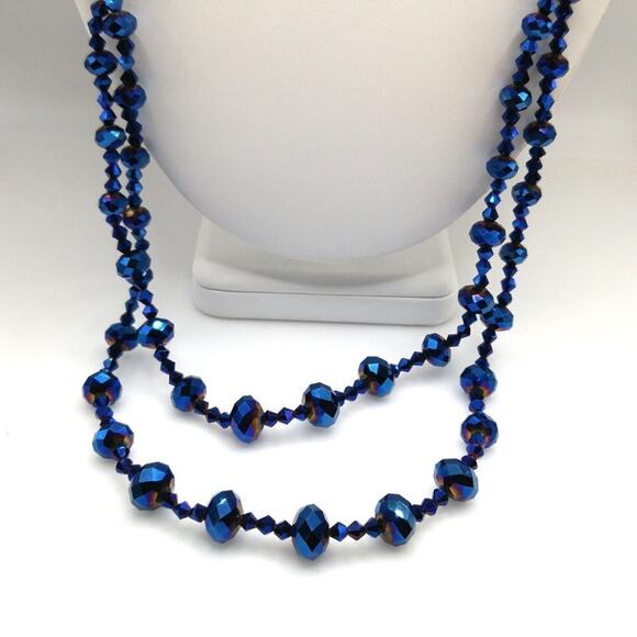 Blue Iridescent Beaded Necklace, No Clasp, Two Strands, 28 Inches - Picture 4 of 8